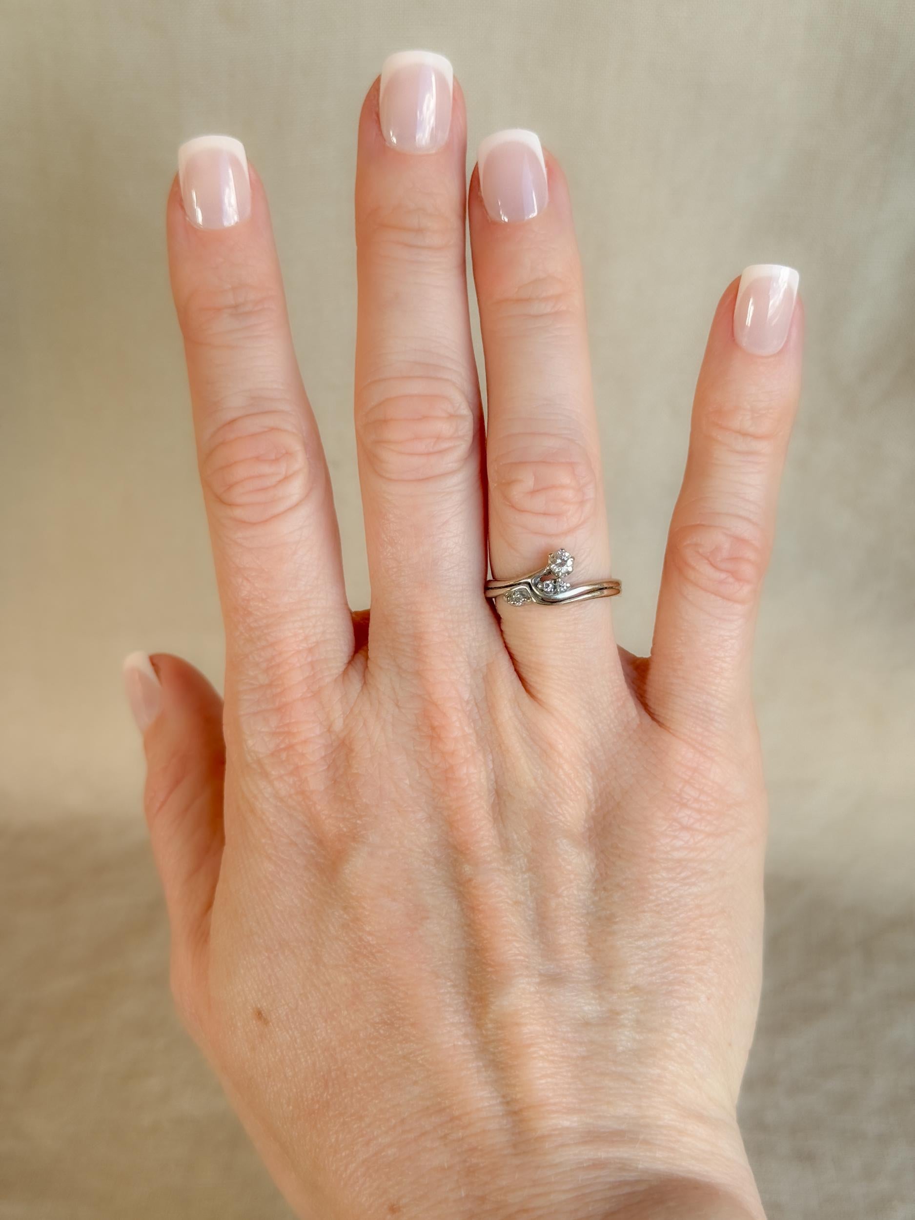 Vintage 1990s Diamond Engagement Ring Bridal Set, 14k White Gold, Asymmetrical Wedding Band