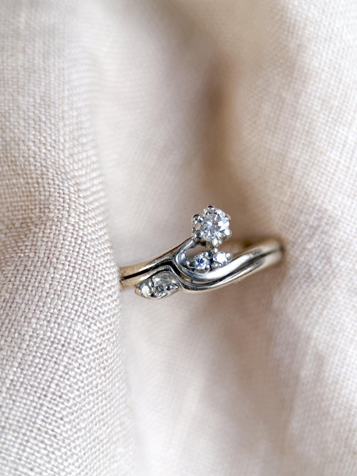 Vintage 1990s Diamond Engagement Ring Bridal Set, 14k White Gold, Asymmetrical Wedding Band
