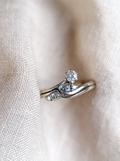 Vintage 1990s Diamond Engagement Ring Bridal Set, 14k White Gold, Asymmetrical Wedding Band