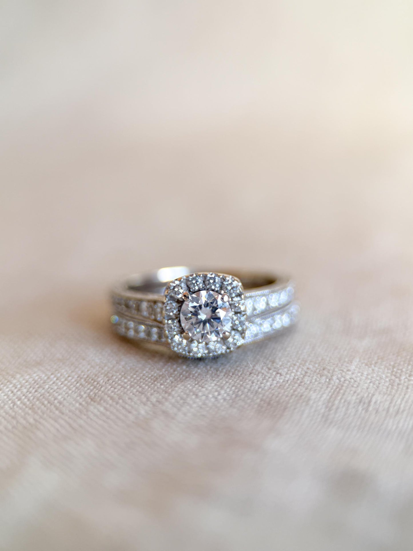 Vintage Diamond Engagement Ring, Round Cut, 14k White Gold, 2000s Neil Lane Cushion Halo