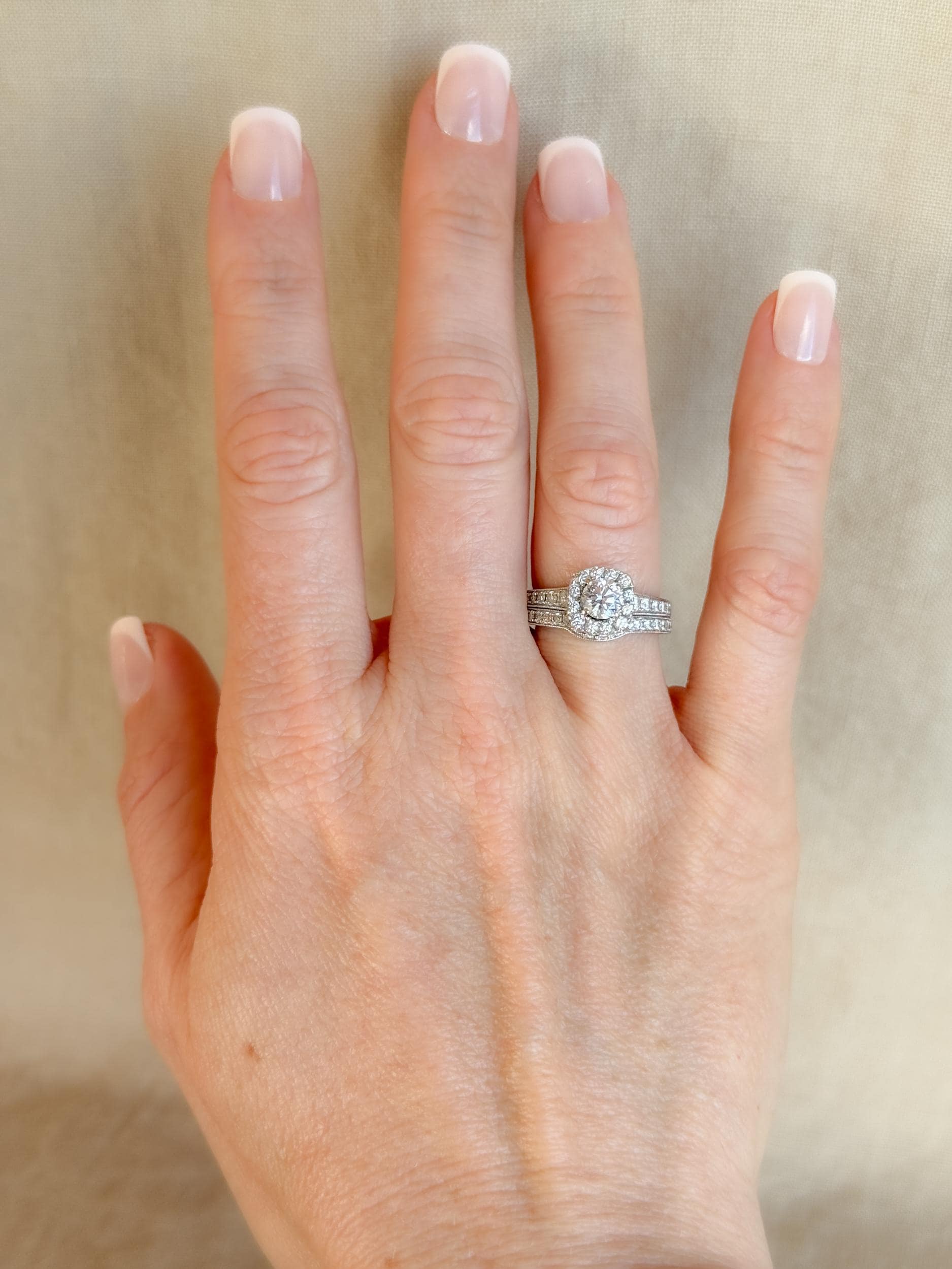 Vintage Diamond Engagement Ring, Round Cut, 14k White Gold, 2000s Neil Lane Cushion Halo