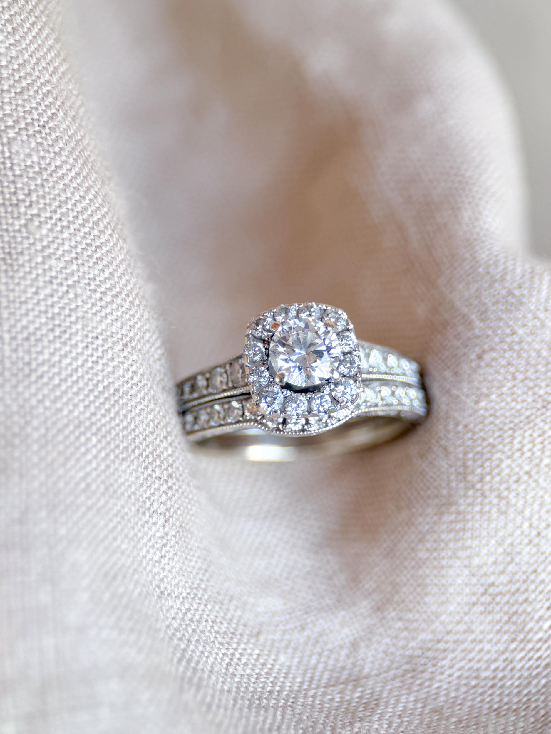 Vintage Diamond Engagement Ring, Round Cut, 14k White Gold, 2000s Neil Lane Cushion Halo