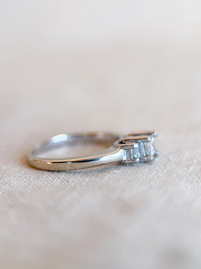 Vintage Princess Cut Diamond Engagement Ring, Platinum and 14k Three Stone Classic Bridal Jewelry