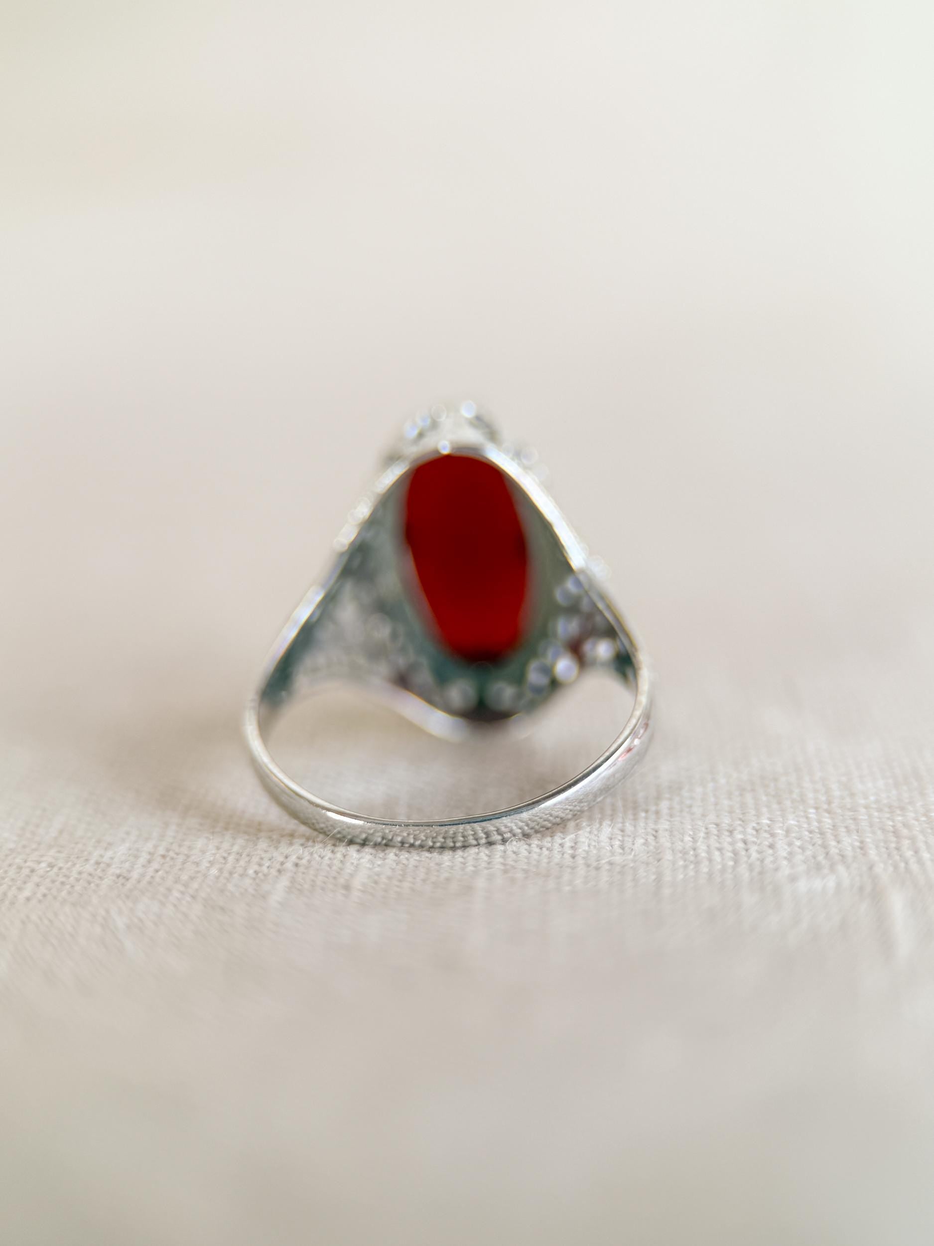 Vintage 1940s Carnelian Gemstone Ring in 14k White Gold