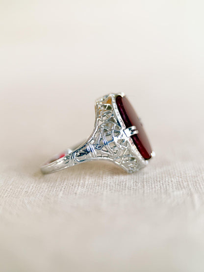 Vintage 1940s Carnelian Gemstone Ring in 14k White Gold