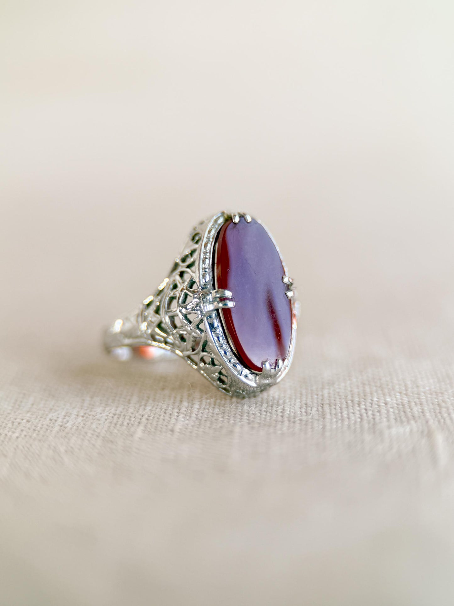 Vintage 1940s Carnelian Gemstone Ring in 14k White Gold