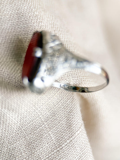 Vintage 1940s Carnelian Gemstone Ring in 14k White Gold