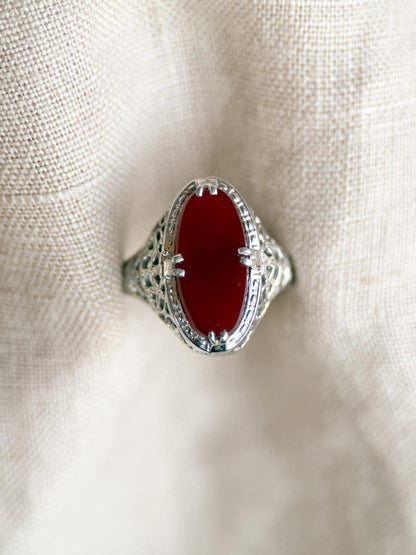 Vintage 1940s Carnelian Gemstone Ring in 14k White Gold