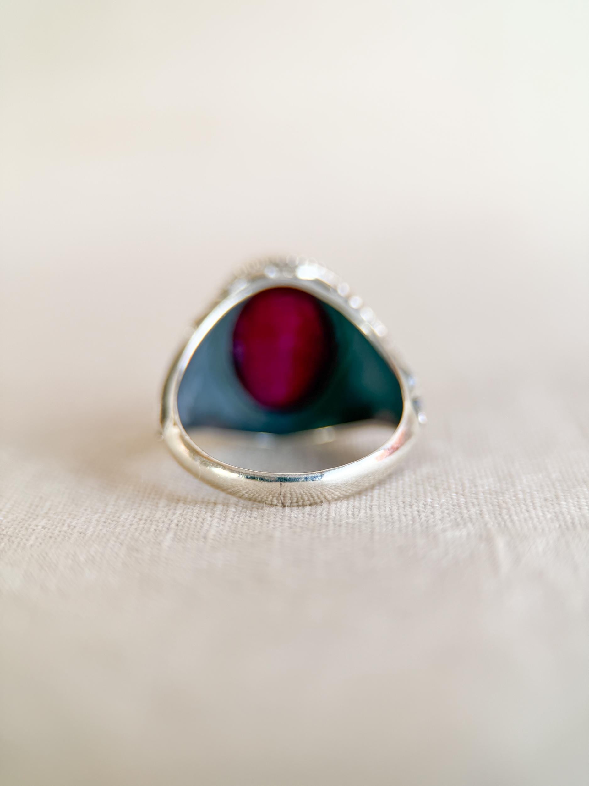 Vintage Sterling Silver Oval Ruby Statement Ring, Boho Floral Filigree Jewelry