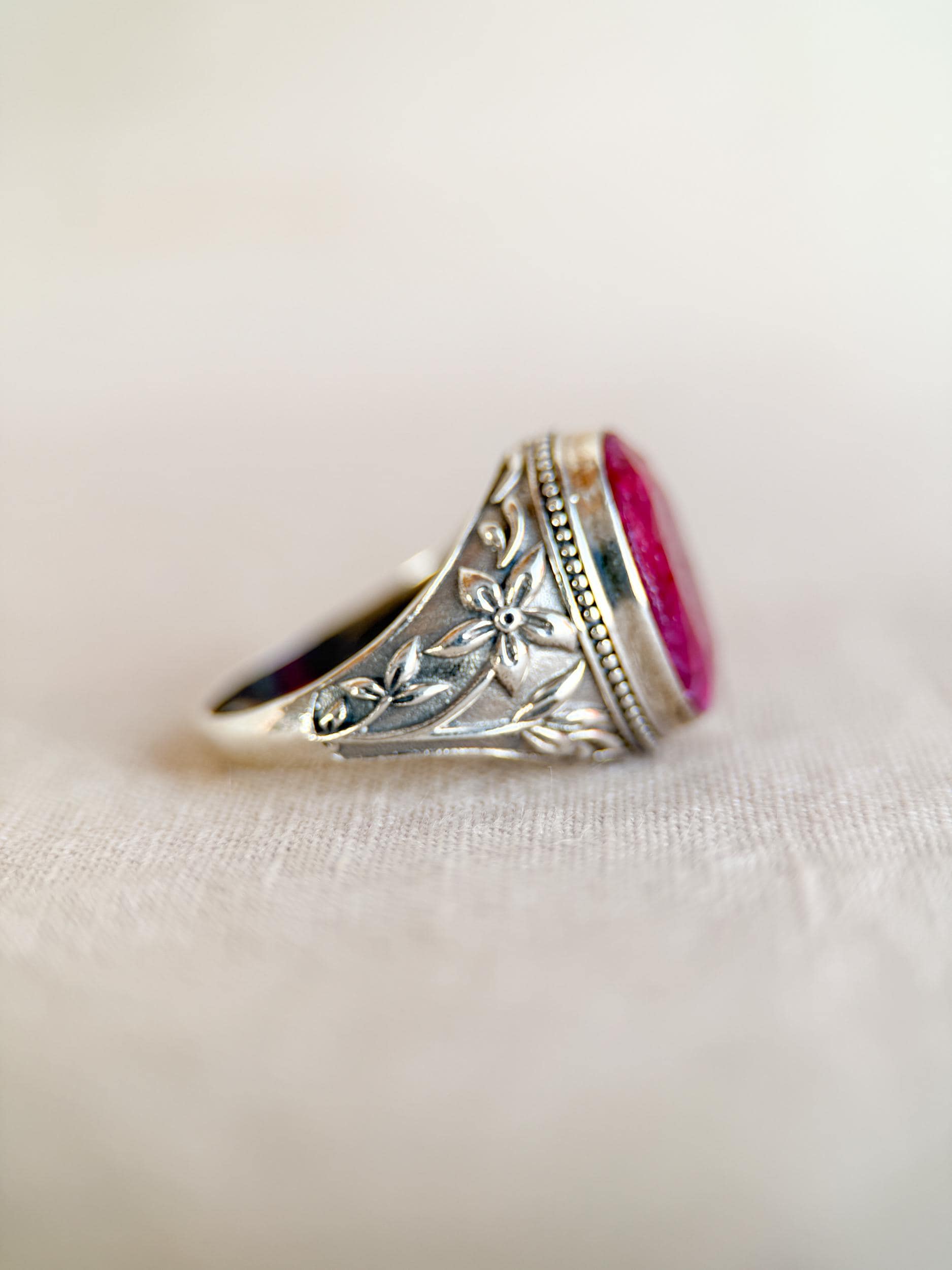 Vintage Sterling Silver Oval Ruby Statement Ring, Boho Floral Filigree Jewelry
