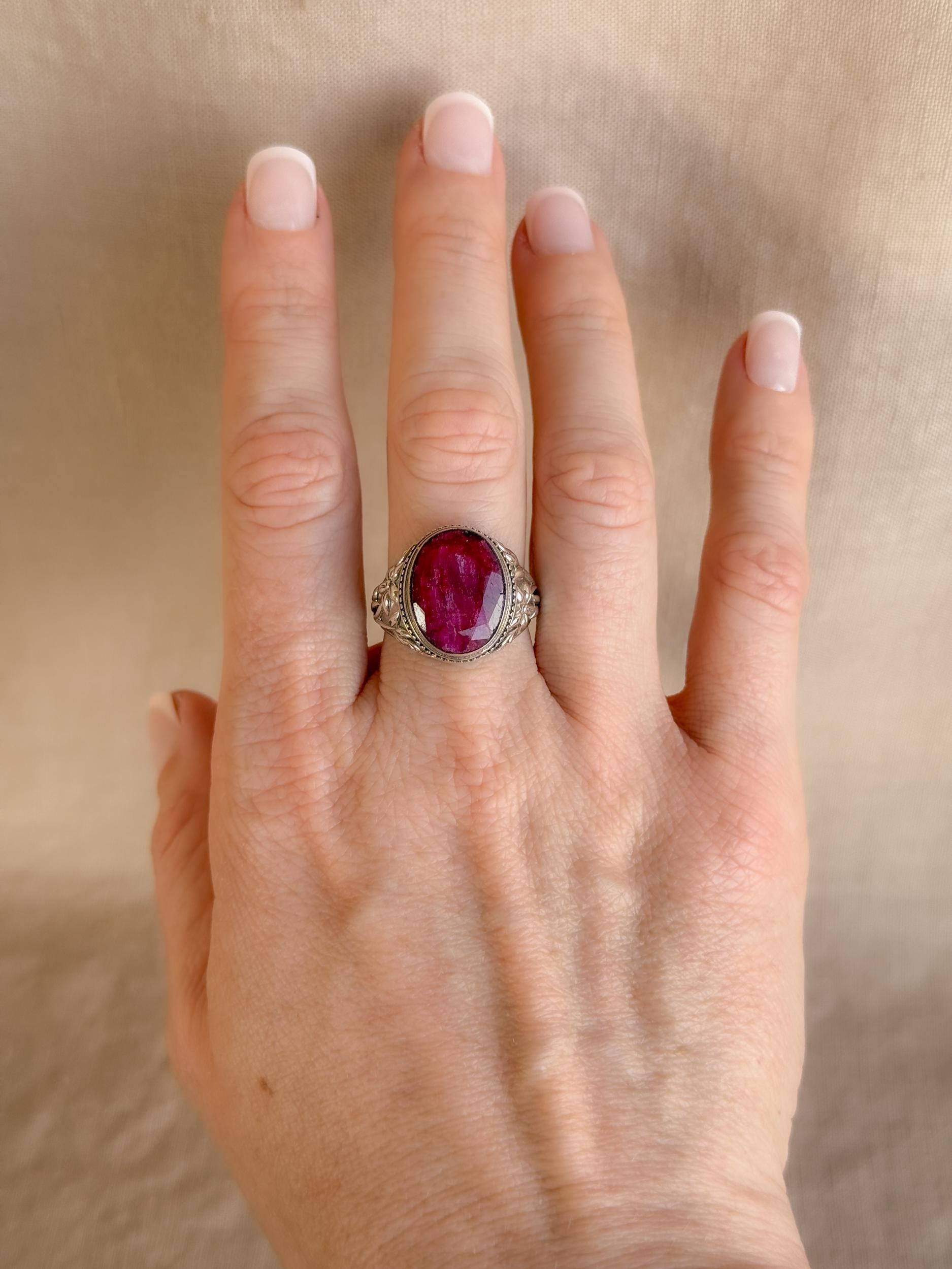 Vintage Sterling Silver Oval Ruby Statement Ring, Boho Floral Filigree Jewelry