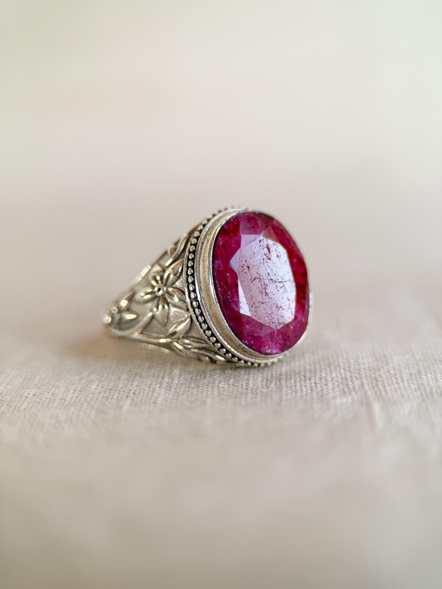 Vintage Sterling Silver Oval Ruby Statement Ring, Boho Floral Filigree Jewelry
