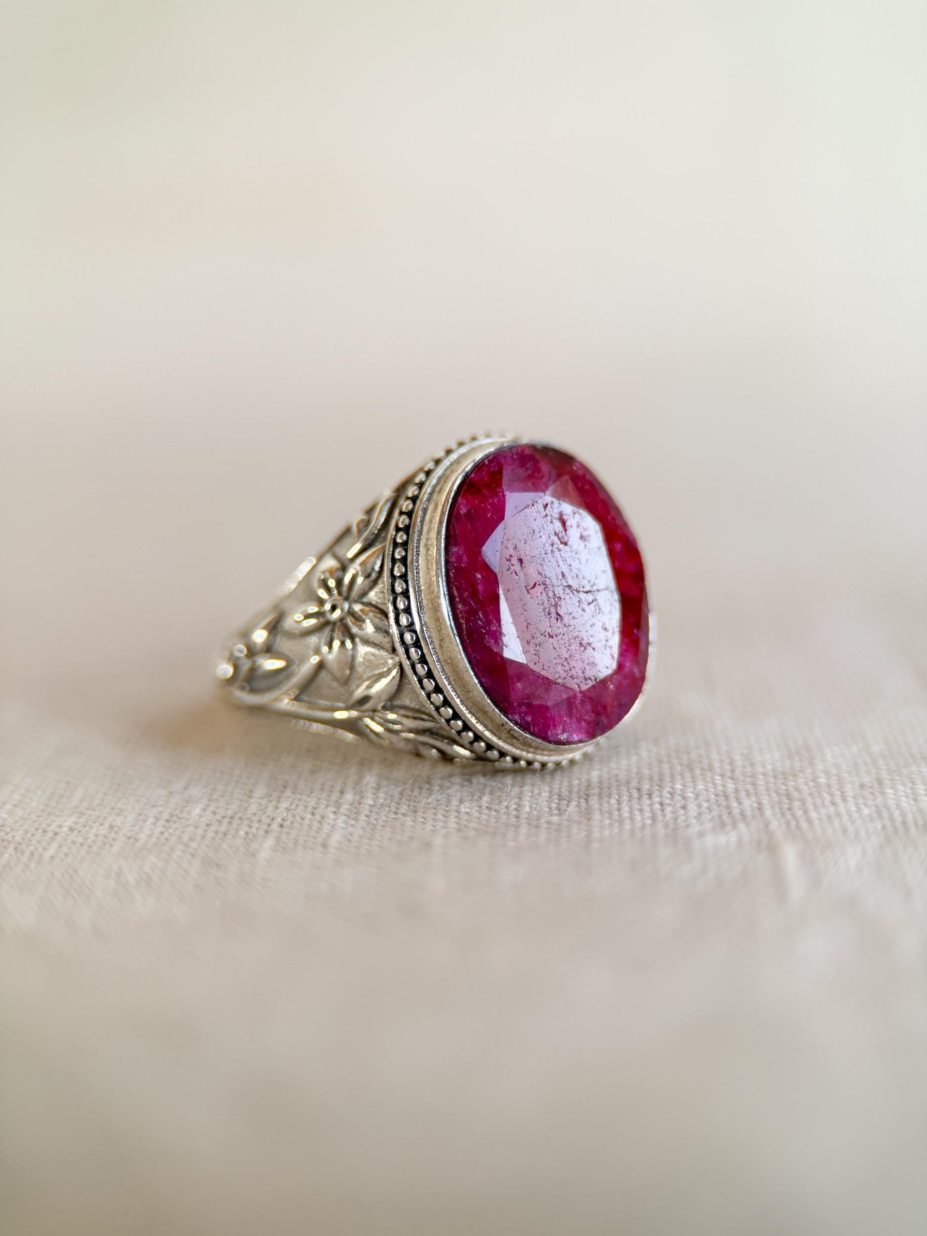 Vintage Sterling Silver Oval Ruby Statement Ring, Boho Floral Filigree Jewelry