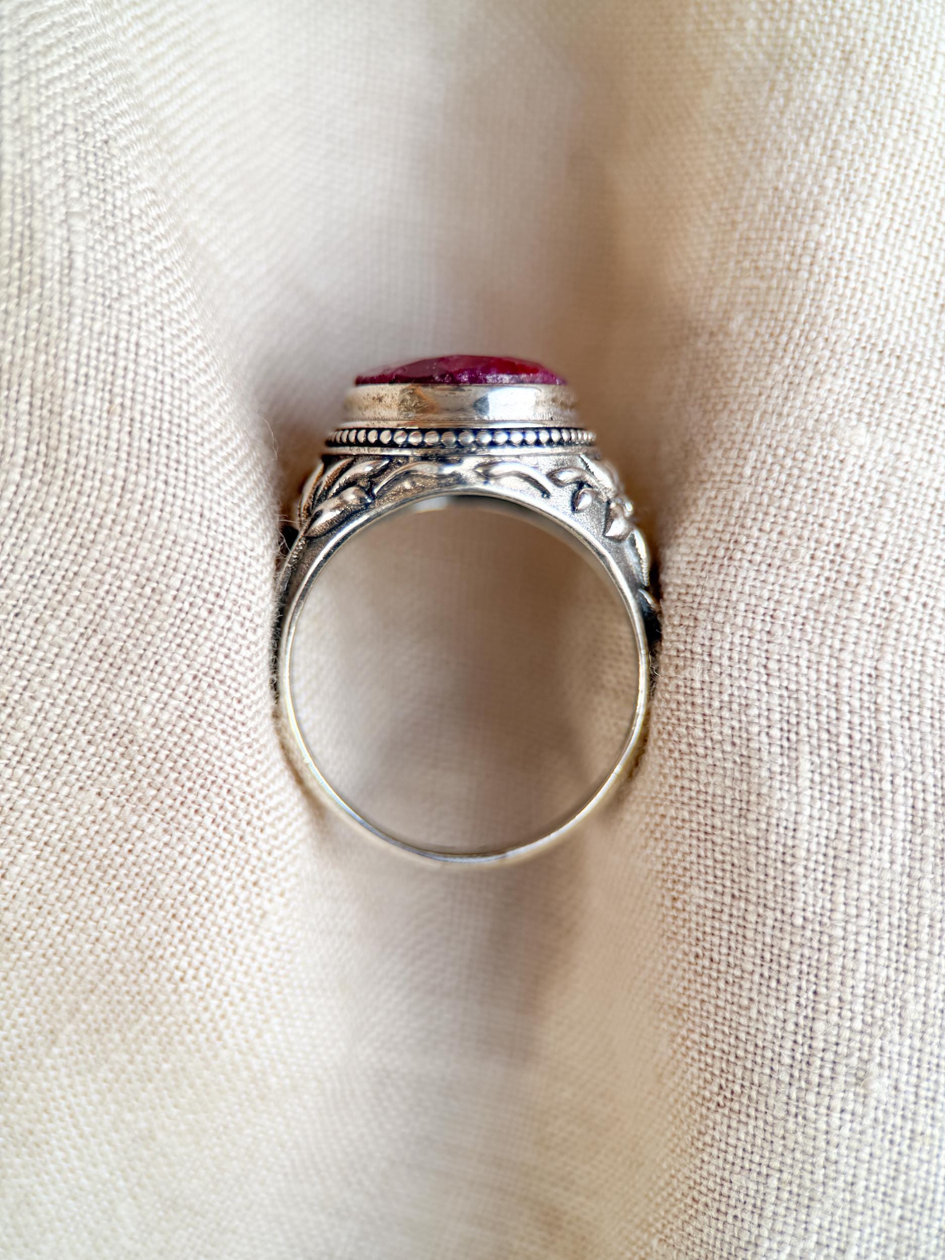 Vintage Sterling Silver Oval Ruby Statement Ring, Boho Floral Filigree Jewelry