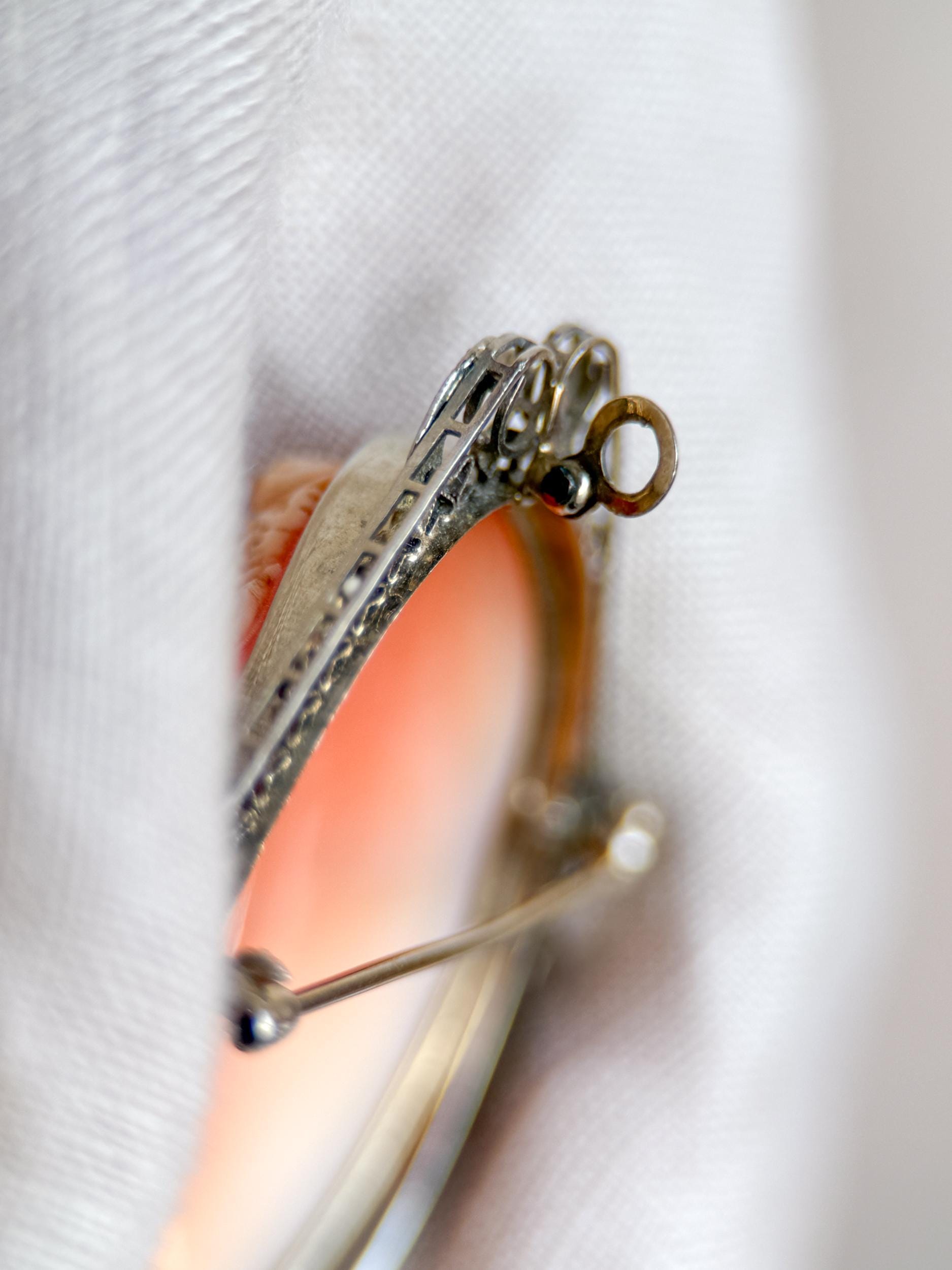 Vintage 1920s Cameo Brooch Pendant in 14k White Gold
