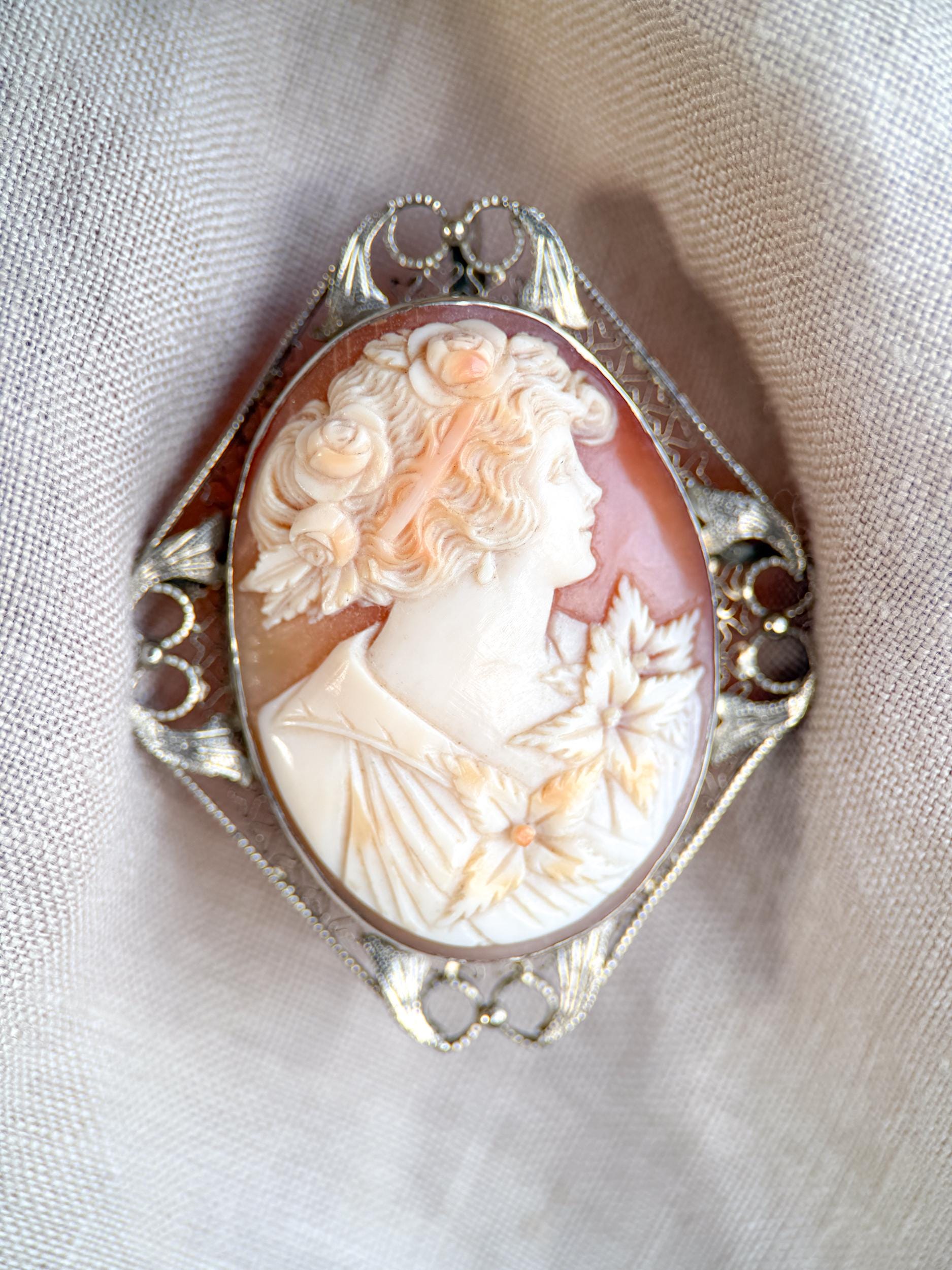 Vintage 1920s Cameo Brooch Pendant in 14k White Gold