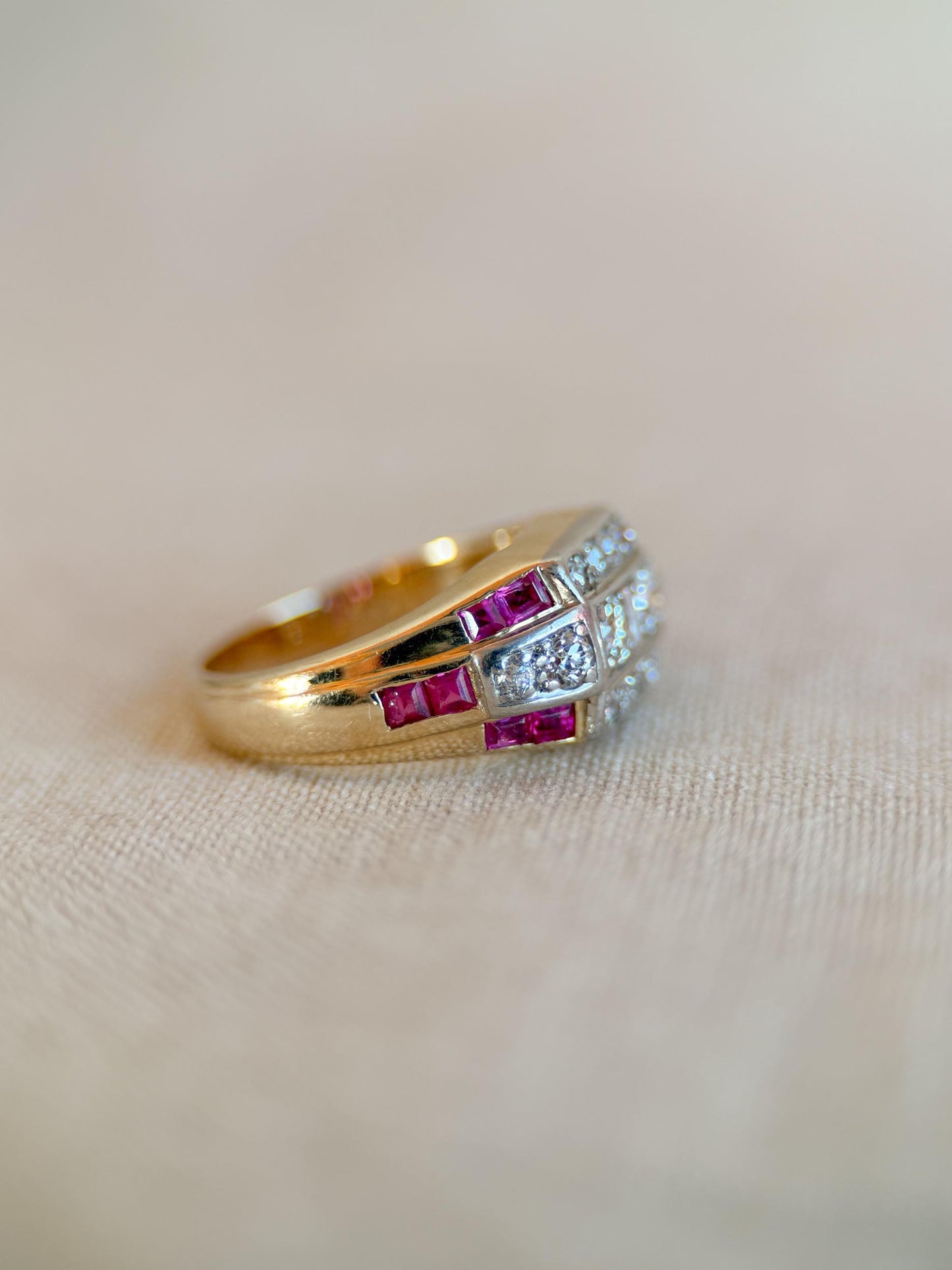 Antique Diamond & Ruby Engagement Ring, Old European Cut, 14k Gold, 1930s Art Deco Bridal