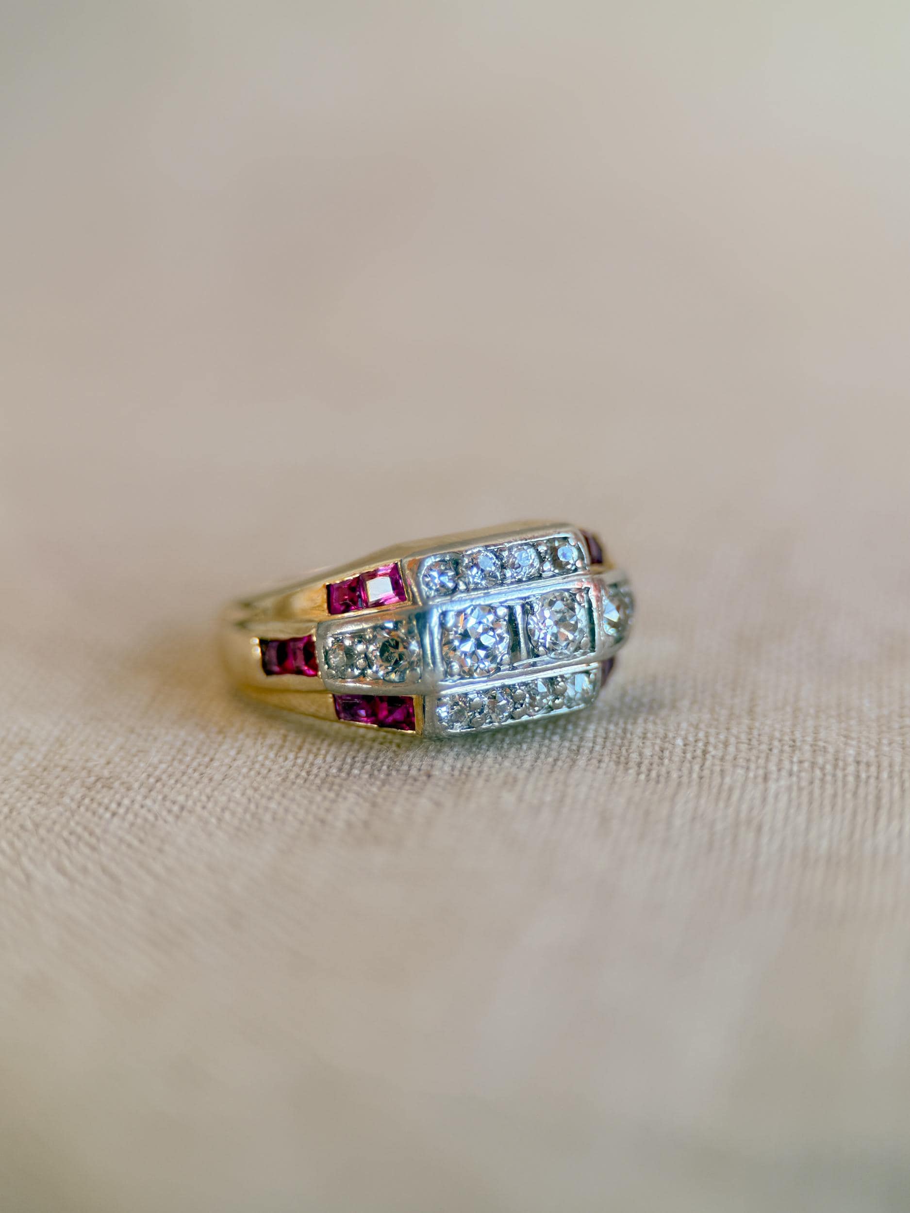 Antique Diamond & Ruby Engagement Ring, Old European Cut, 14k Gold, 1930s Art Deco Bridal
