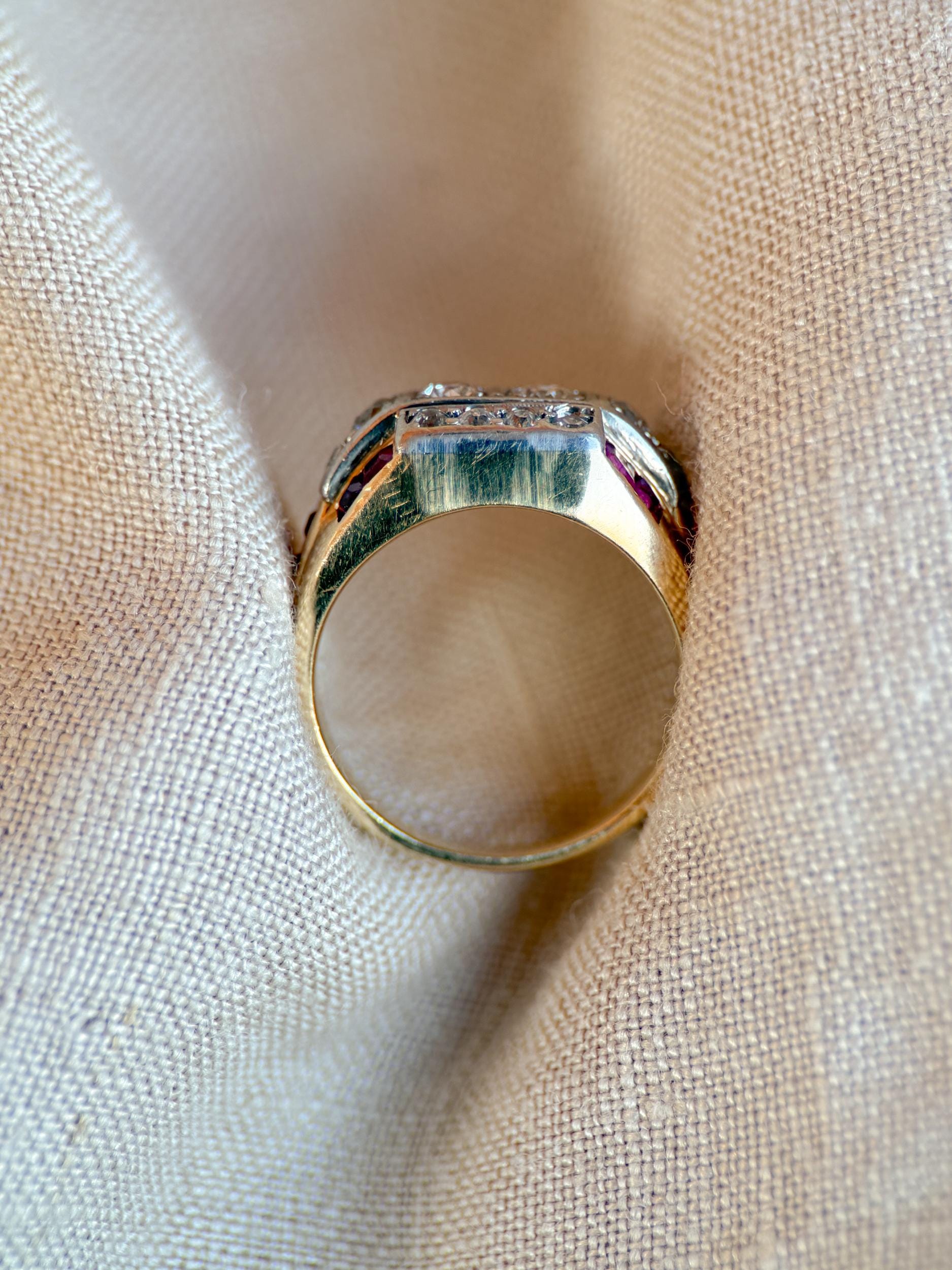 Antique Diamond & Ruby Engagement Ring, Old European Cut, 14k Gold, 1930s Art Deco Bridal