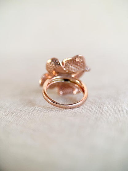 Vintage Diamond Flower Ring, 14k Rose Gold, Pave Floral Statement Ring