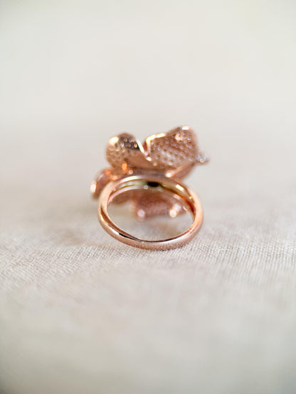 Vintage Diamond Flower Ring, 14k Rose Gold, Pave Floral Statement Ring