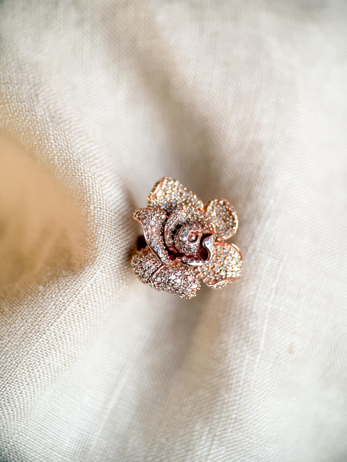 Vintage Diamond Flower Ring, 14k Rose Gold, Pave Floral Statement Ring