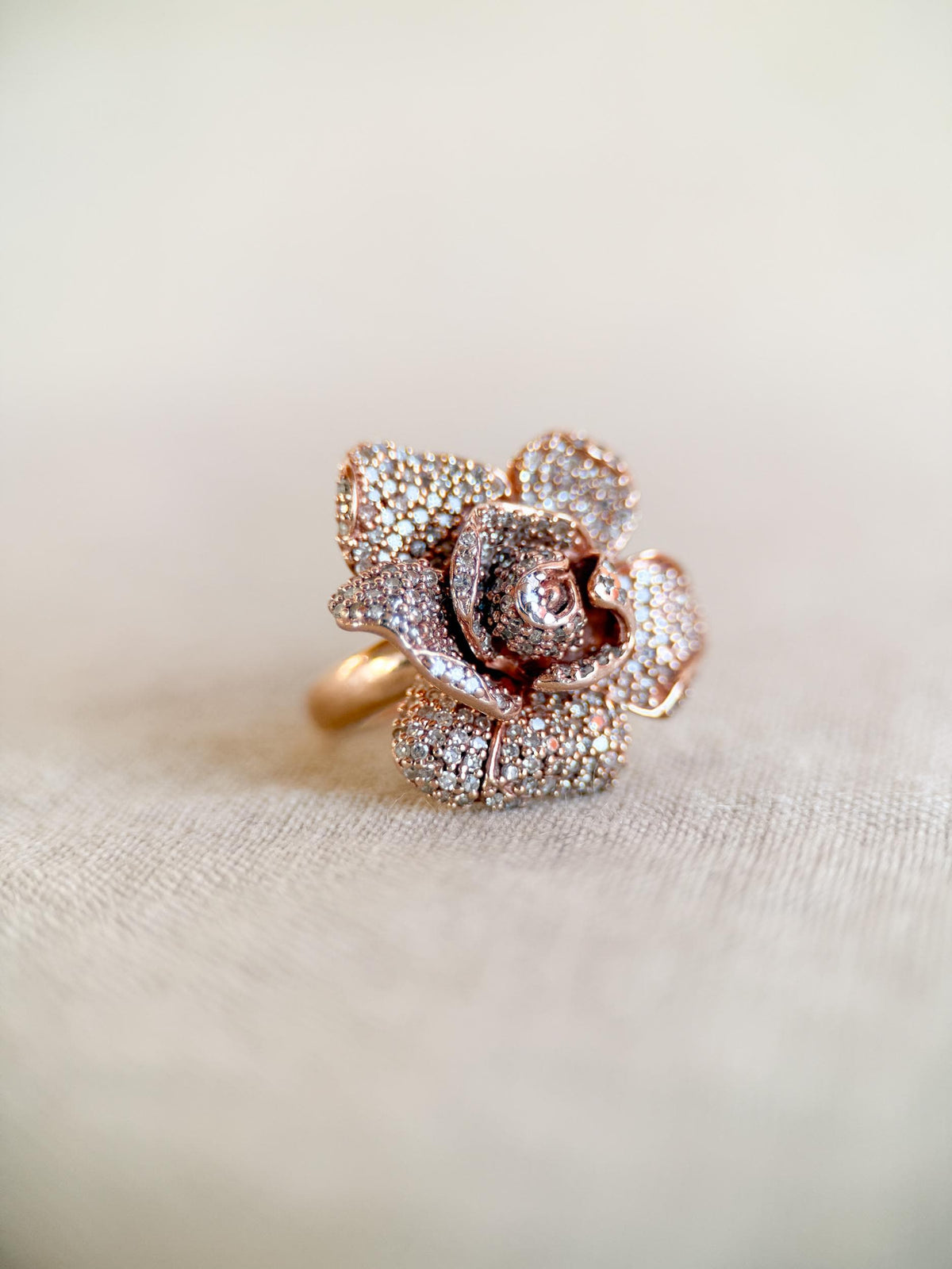 Vintage Diamond Flower Ring, 14k Rose Gold, Pave Floral Statement Ring