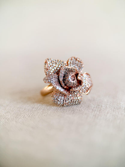 Vintage Diamond Flower Ring, 14k Rose Gold, Pave Floral Statement Ring
