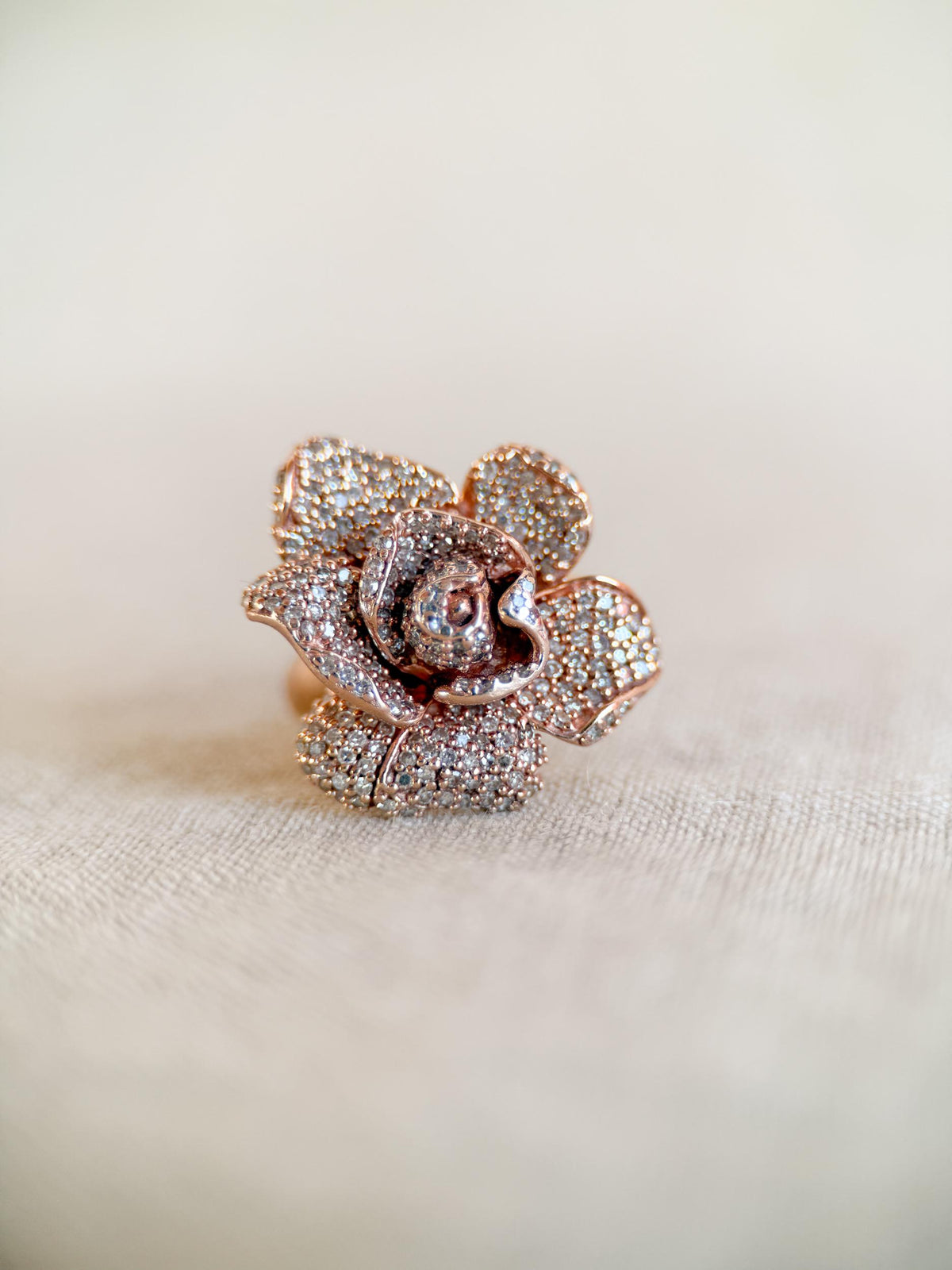 Vintage Diamond Flower Ring, 14k Rose Gold, Pave Floral Statement Ring