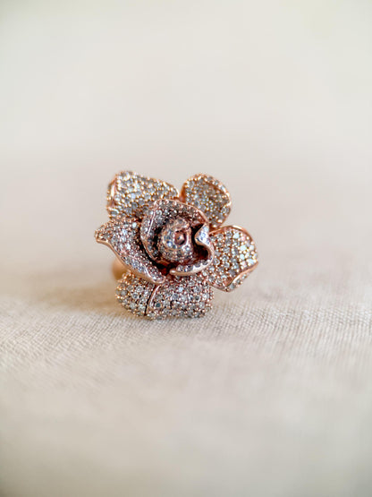 Vintage Diamond Flower Ring, 14k Rose Gold, Pave Floral Statement Ring