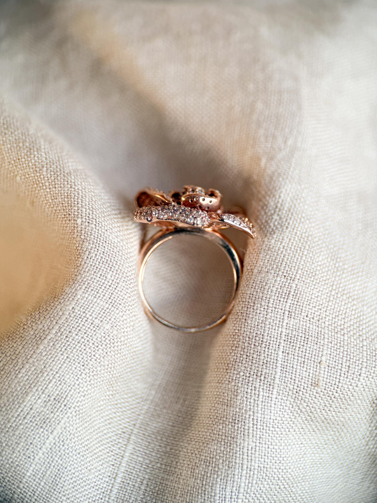 Vintage Diamond Flower Ring, 14k Rose Gold, Pave Floral Statement Ring