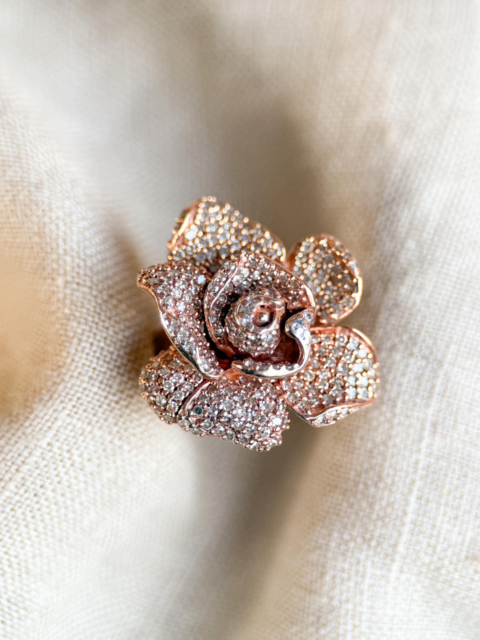 Vintage 1990s Pave Diamond Flower Ring, 14k Rose Gold