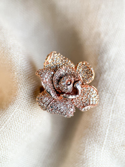 Vintage Diamond Flower Ring, 14k Rose Gold, Pave Floral Statement Ring