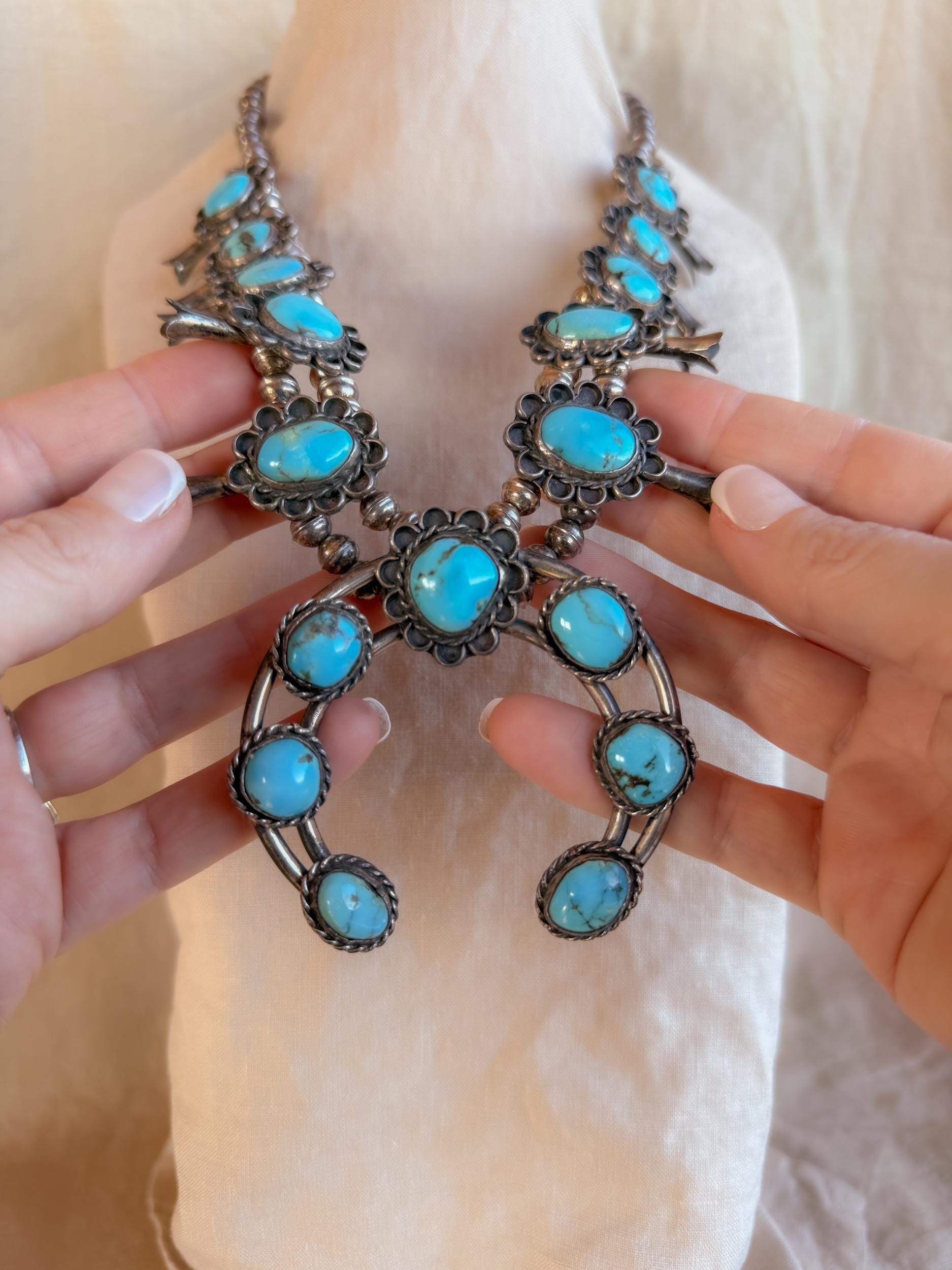 Vintage Turquoise Necklace in Sterling Silver, Squash Blossom Naja Pendant, Southwestern Necklace