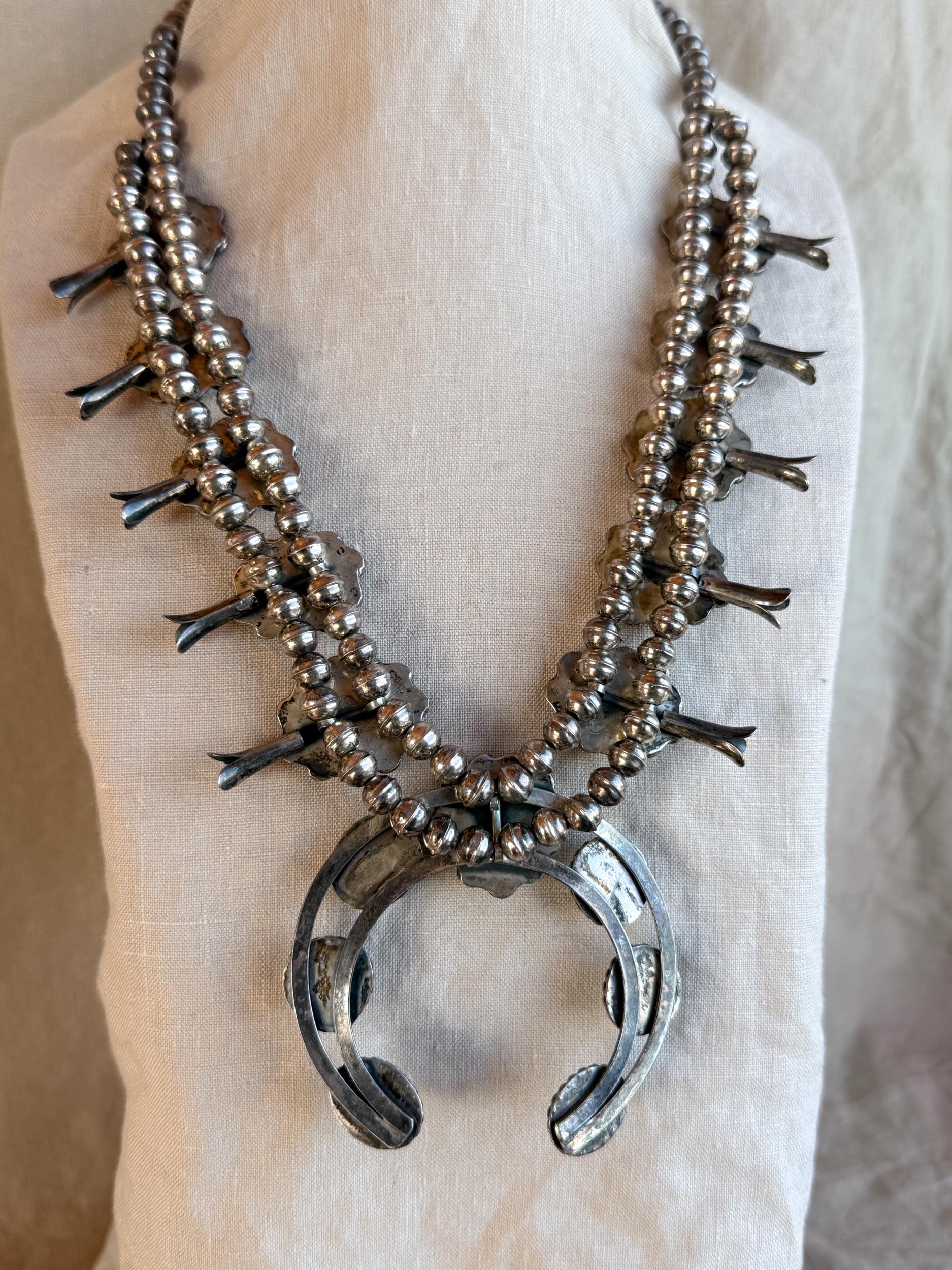 Vintage Turquoise Necklace in Sterling Silver, Squash Blossom Naja Pendant, Southwestern Necklace
