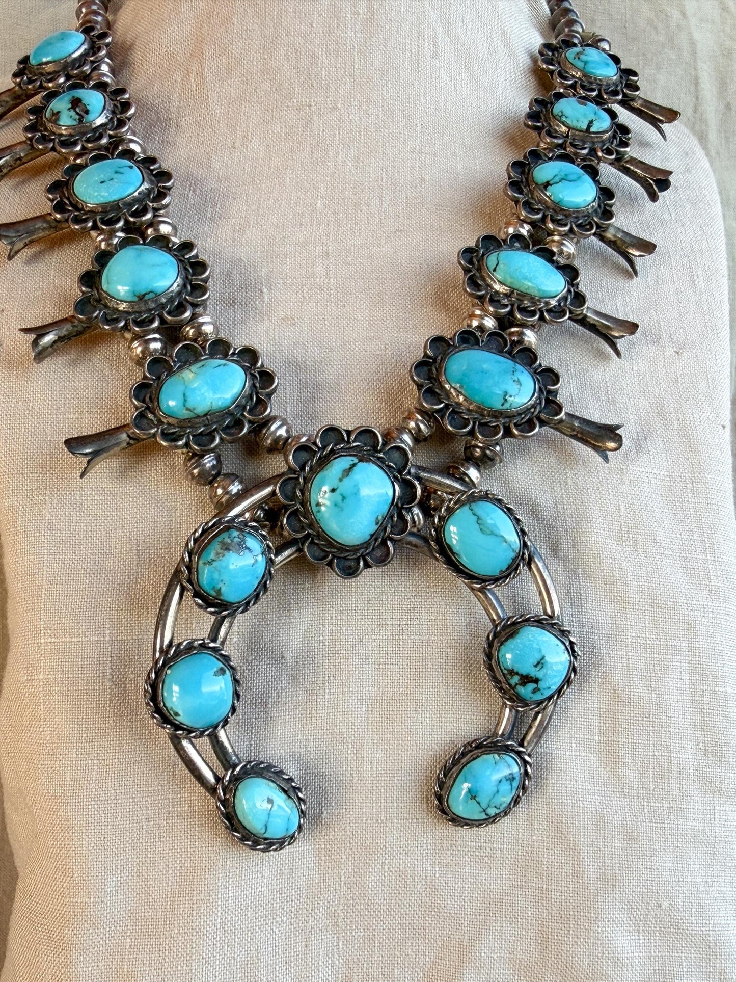Vintage Turquoise Necklace in Sterling Silver, Squash Blossom Naja Pendant, Southwestern Necklace