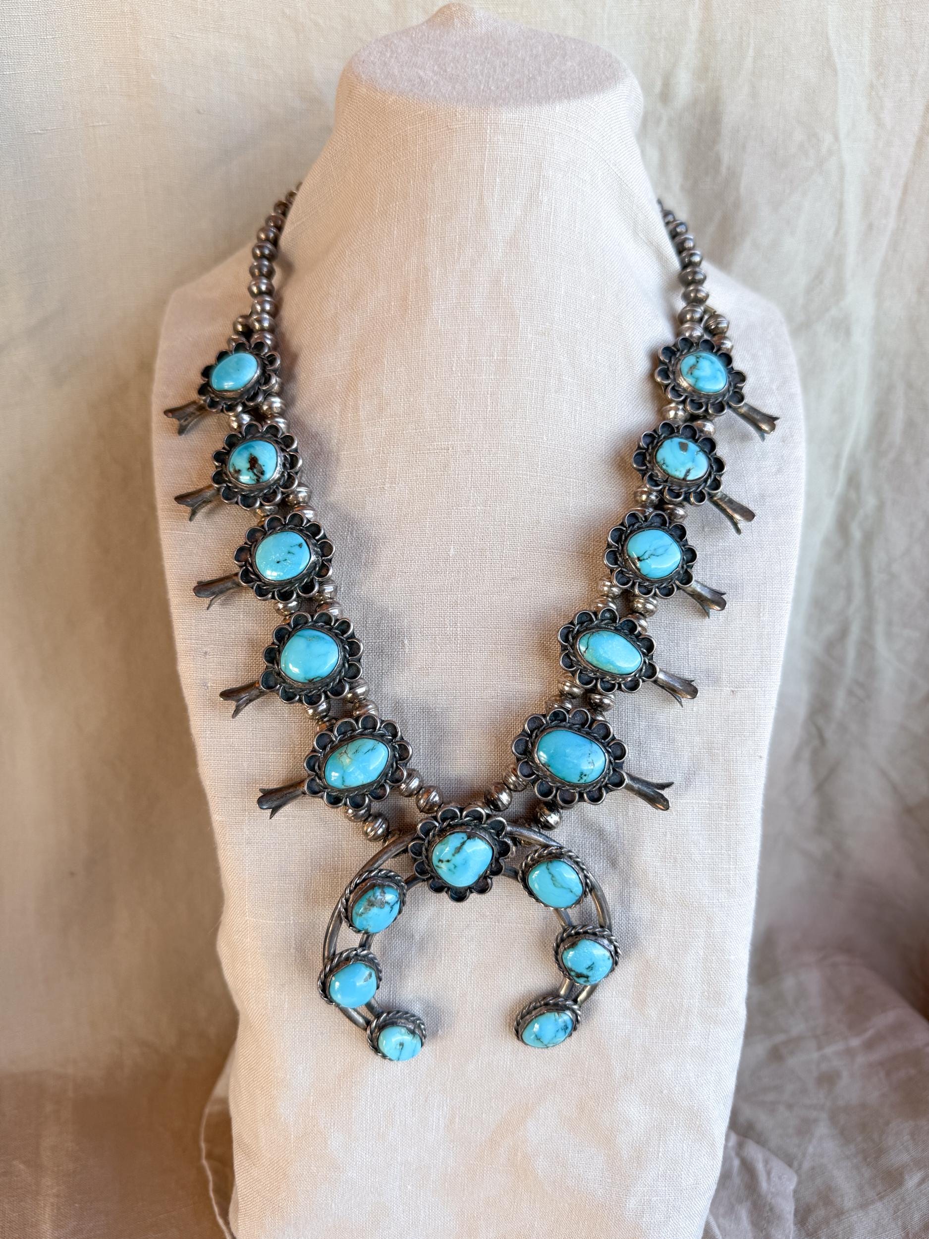 Vintage Turquoise Necklace in Sterling Silver, Squash Blossom Naja Pendant, Southwestern Necklace