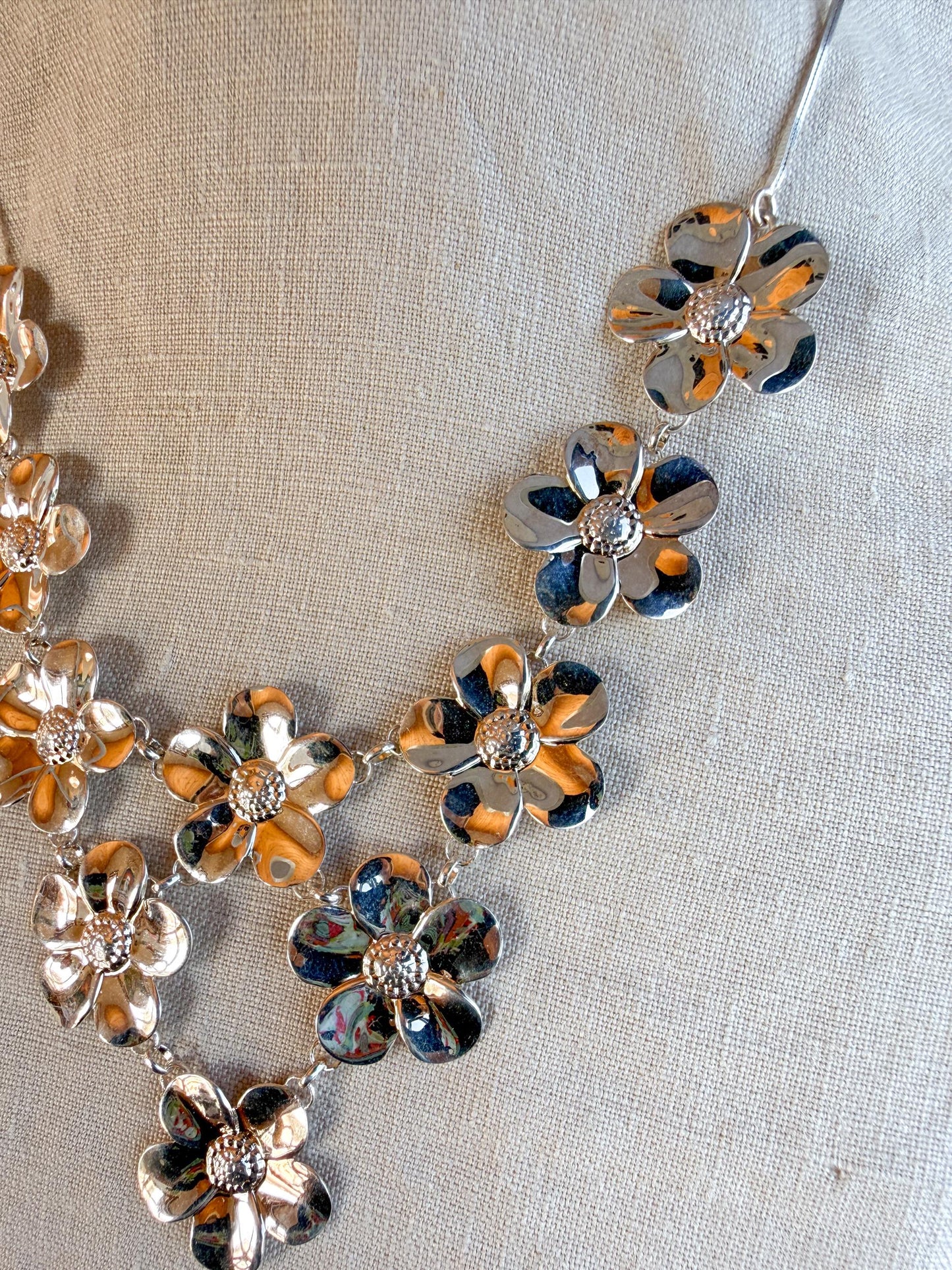 Vintage 1990s Floral Collar Bib Necklace in Sterling Silver
