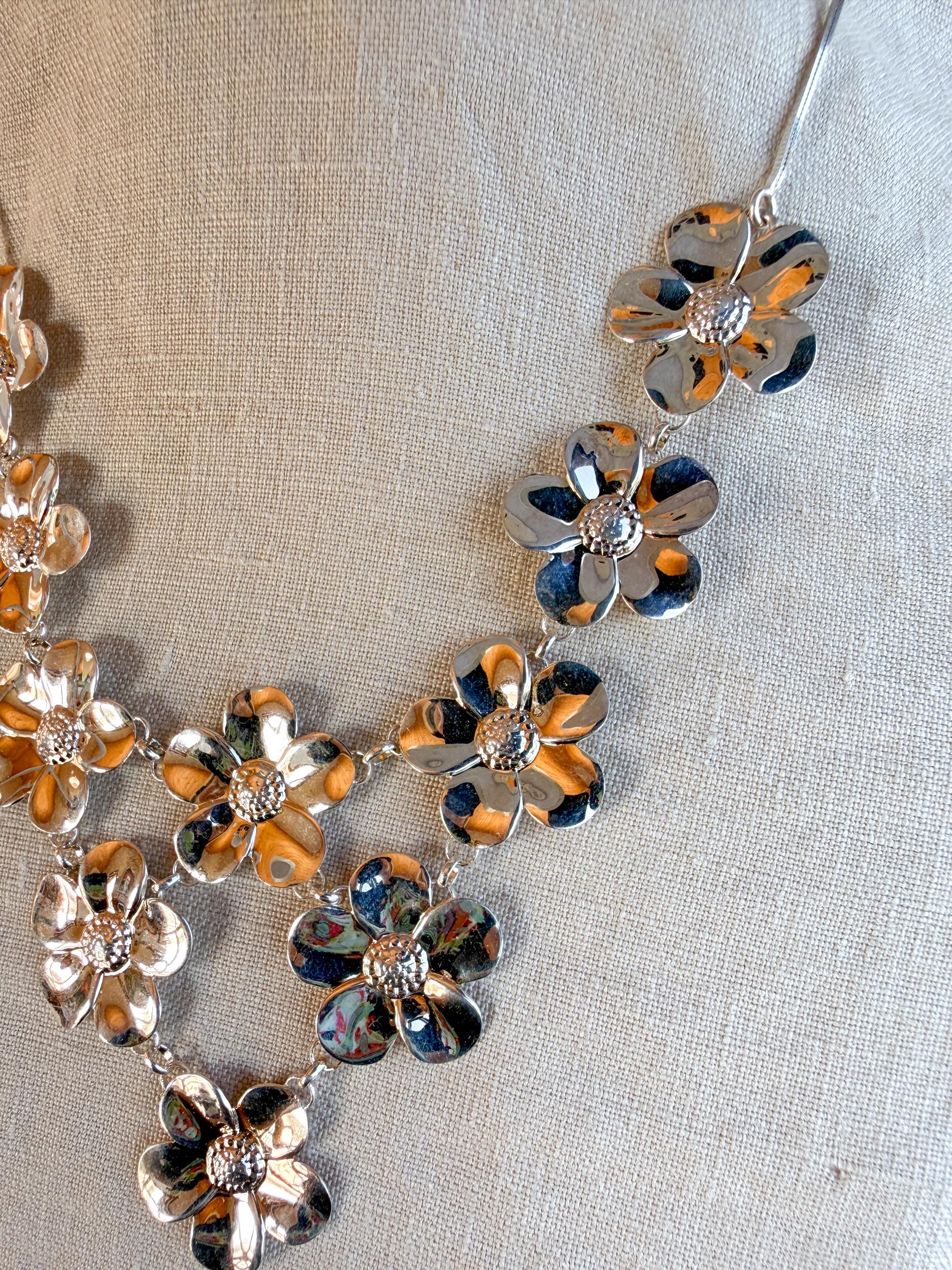 Vintage 1990s Floral Collar Bib Necklace in Sterling Silver