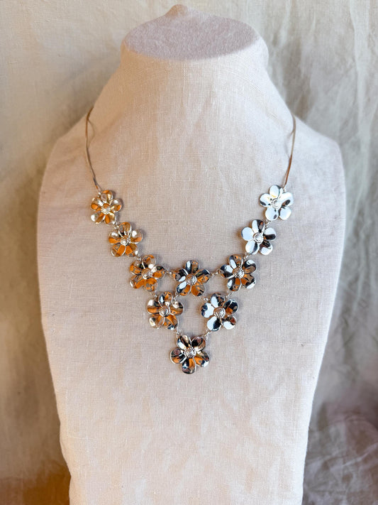 Vintage 1990s Floral Collar Bib Necklace in Sterling Silver