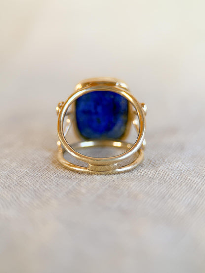Vintage Lapis Lazuli Ring, 14K Gold, Blue Rectangle Cabochon Statement Ring, 1970s Bold Jewelry