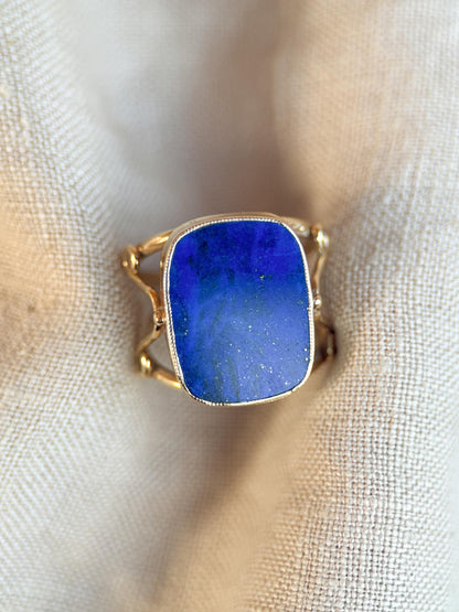 Vintage Lapis Lazuli Ring, 14K Gold, Blue Rectangle Cabochon Statement Ring, 1970s Bold Jewelry