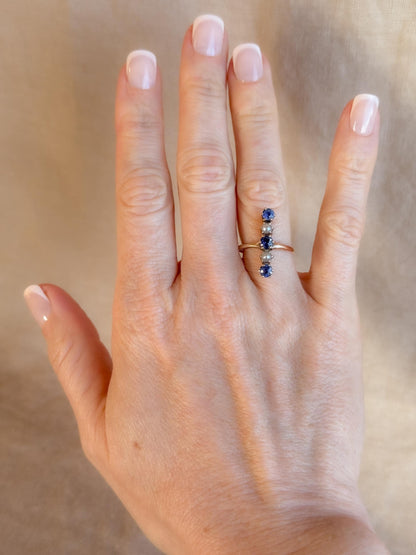 Vintage 1940s Sapphire & Pearl Five-Stone Ring in 14k Gold