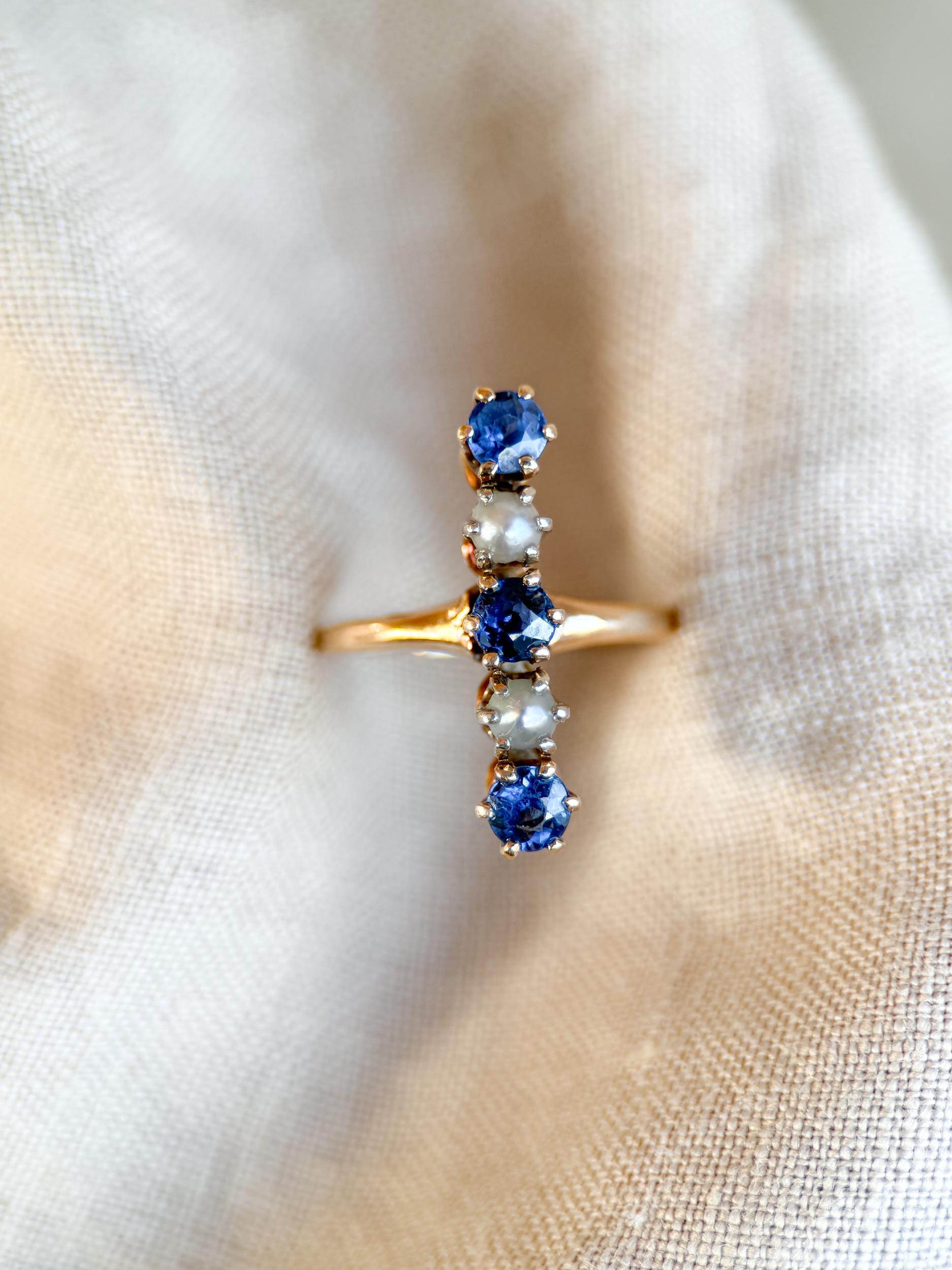 Vintage 1940s Sapphire & Pearl Five-Stone Ring in 14k Gold