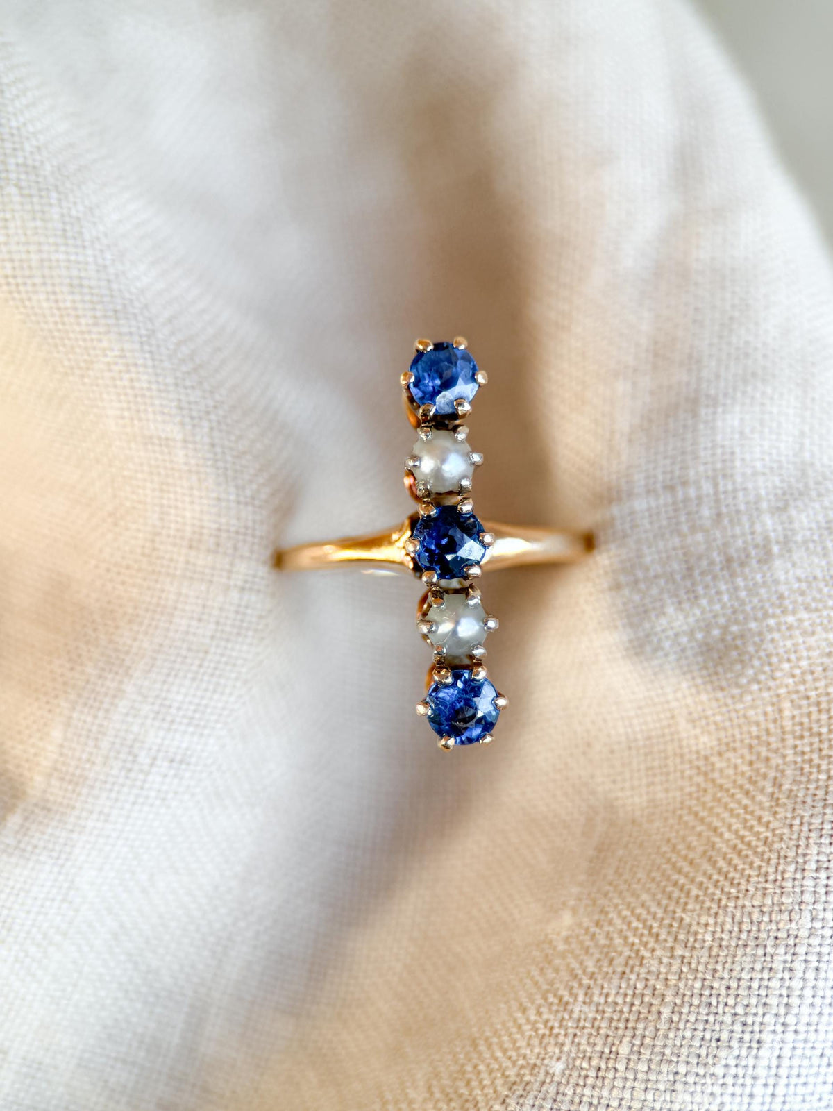 Vintage 1940s Sapphire & Pearl Five-Stone Ring in 14k Gold