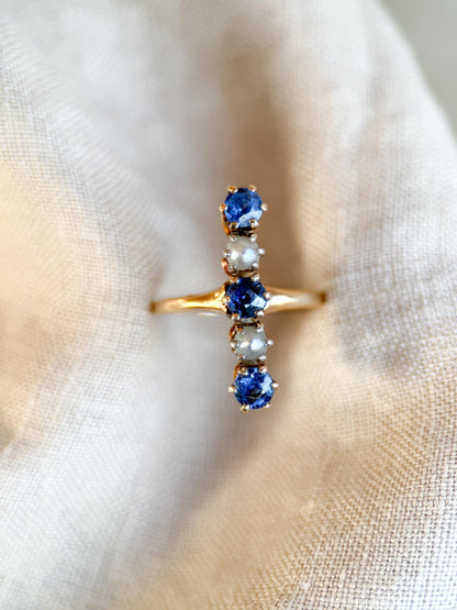 Vintage 1940s Sapphire & Pearl Five-Stone Ring in 14k Gold