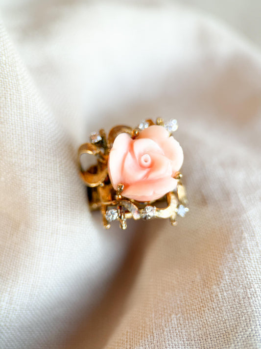 Vintage 1970s Coral Rose Floral Gemstone Ring, 14k Gold