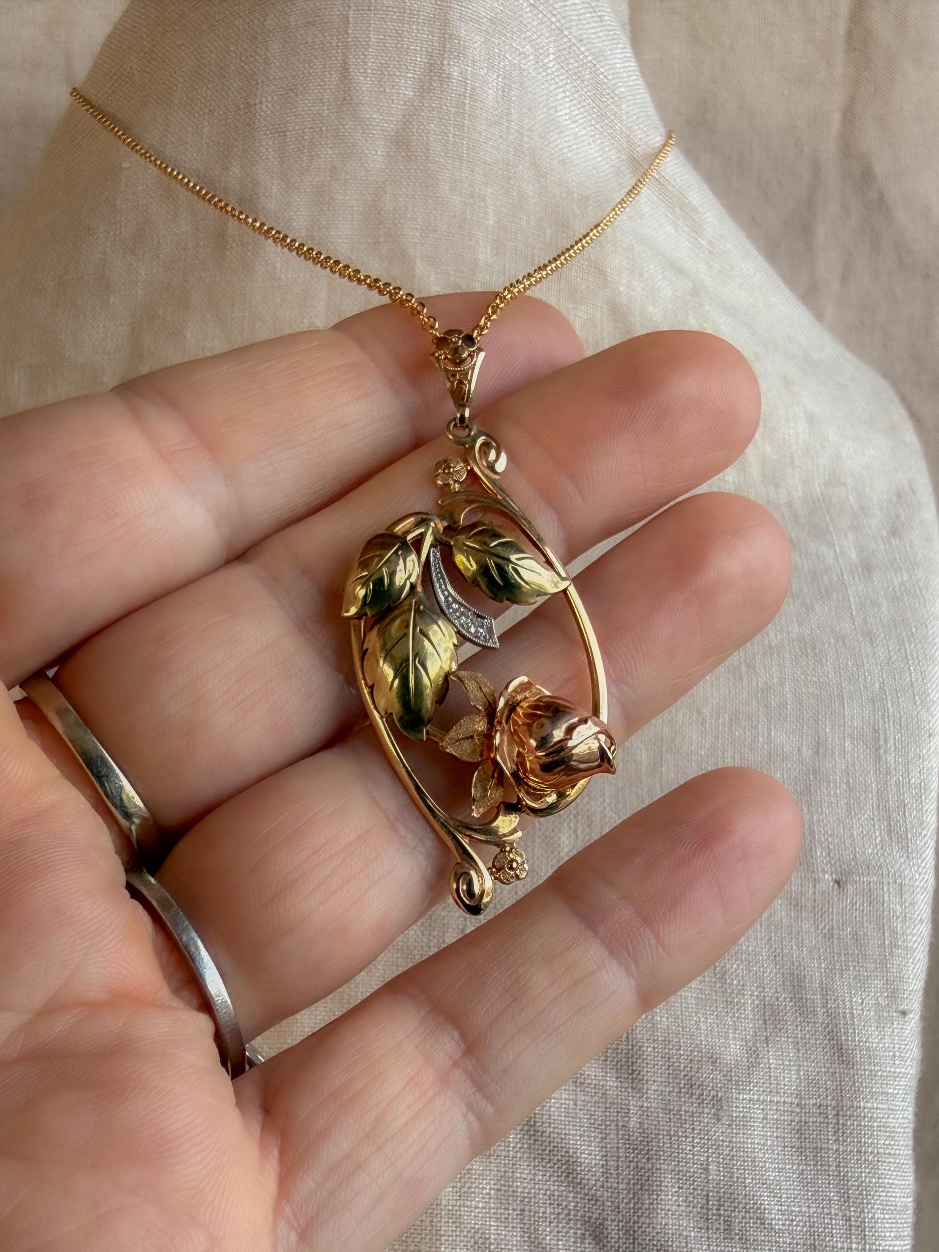 Antique 1920s Art Nouveau Diamond Rose Pendant in 10k Gold