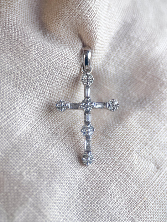 Vintage 1990s Diamond Cross Pendant in 14k White Gold