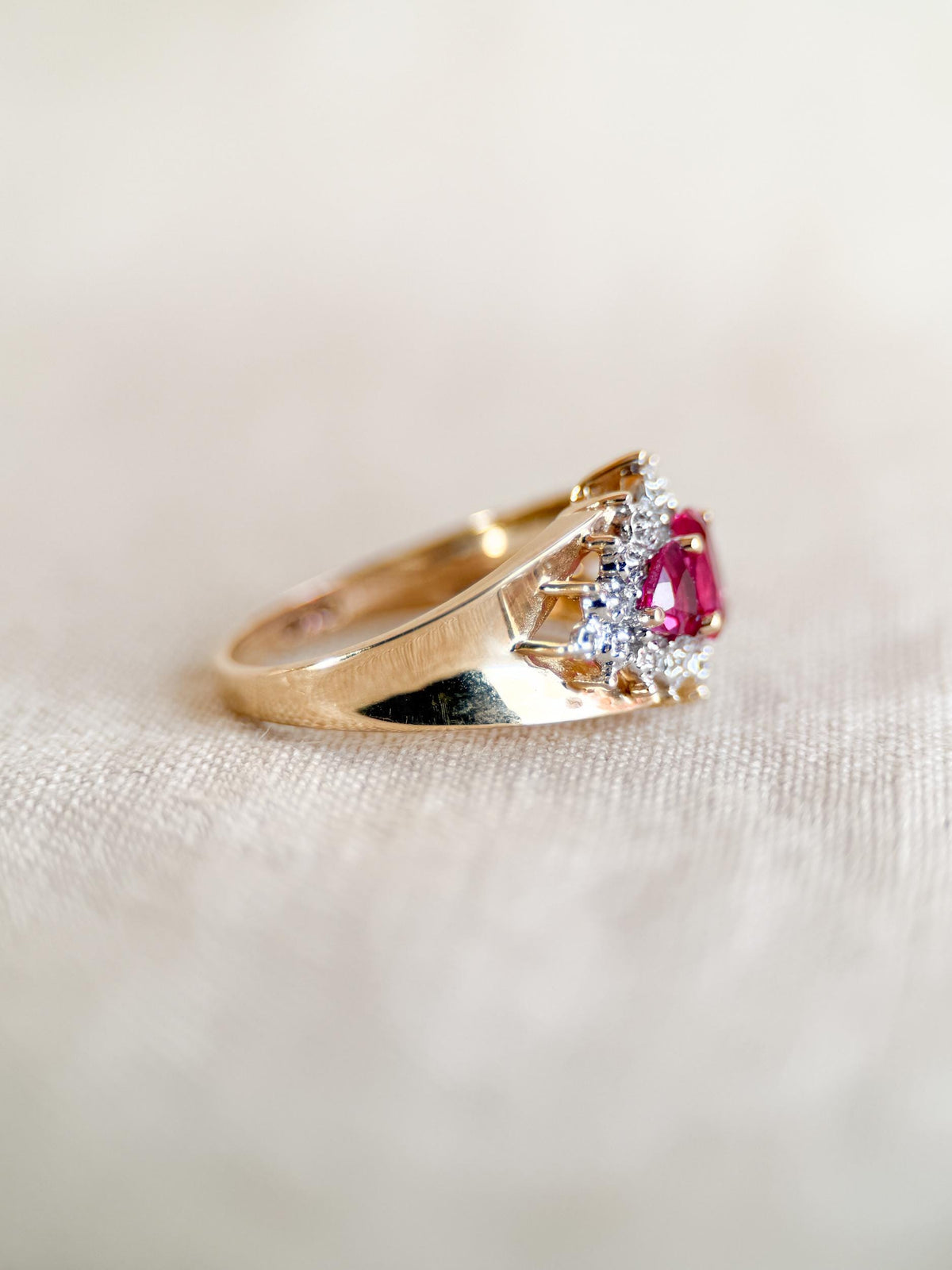 Vintage 1990s Three Stone Ruby & Diamond Ring, 10k Gold